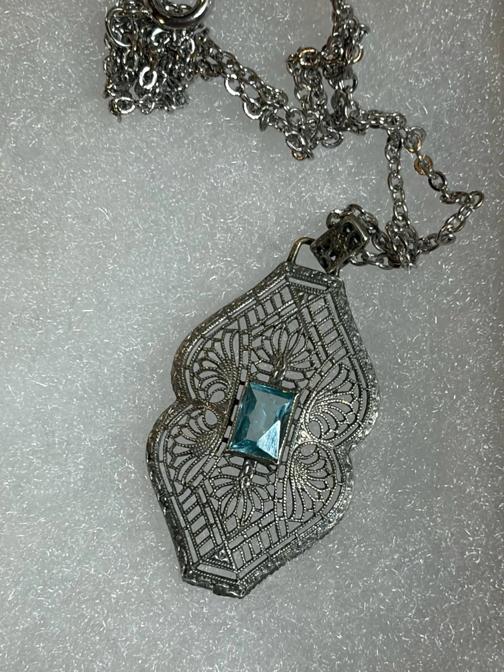 Art Deco Ornate Filigree Pendant With Light Blue Glass Stone Necklace